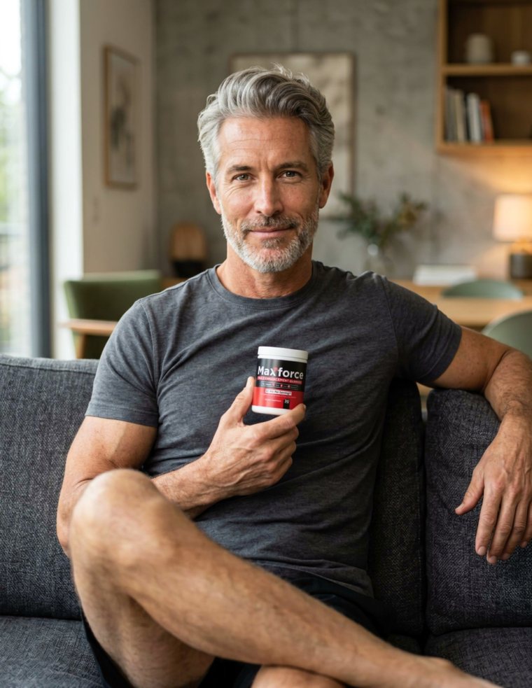 Man holding a bottle of Max Force gummies at home