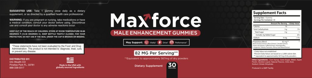 Max Force supplement facts panel and directions from the bottle label